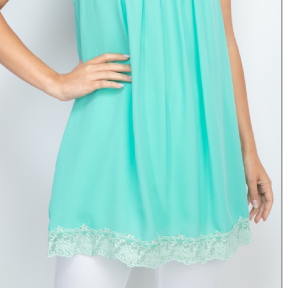 Aqua Mint sleeveless strappy scoop neck lace trim hem detail flowy tunic top. - Picture 7 of 16